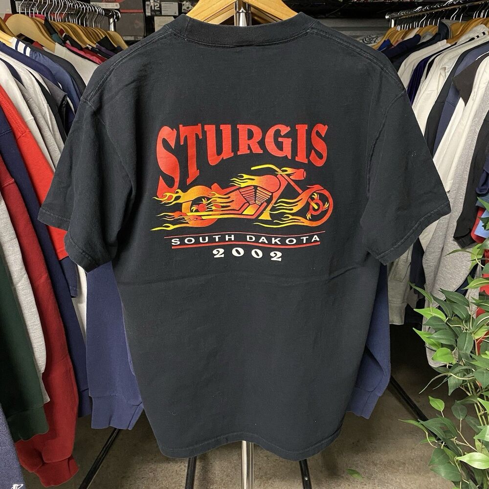 Vintage 2002 Sturgis South Dakota Motorcycle Flames Biker Tee Black Men's Large
